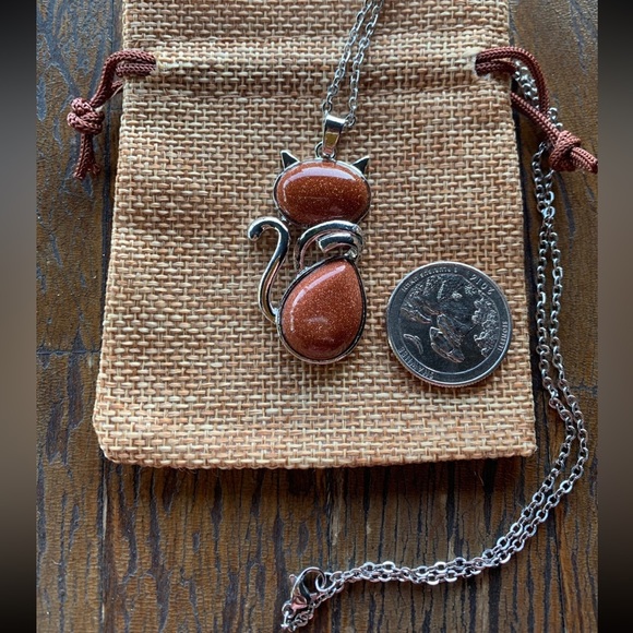Crystal Cat Necklace | Kitty Cat Jewelry | Goldstone Necklace | Teen Gift - Picture 2 of 2